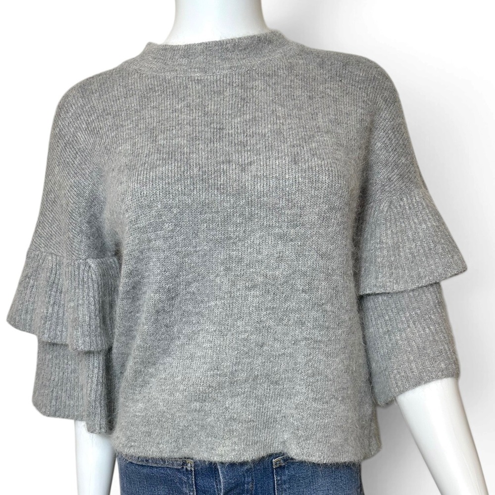 Gianni Bini Lola Tiered Ruffle Sleeve Mohair Sweater Grey Women's Small